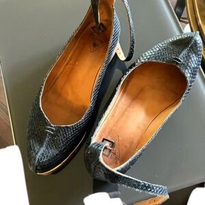 Fleuvog Jen - "Snakeskin" flats with ankle strap, Size 6, Black